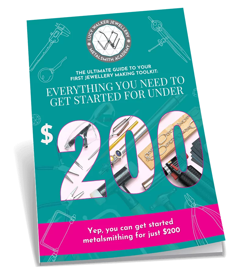 Guide cover titled "Everything You Need to Get Started for Under $200" with jewelry tools illustration. A guide on tools for jewelry making.