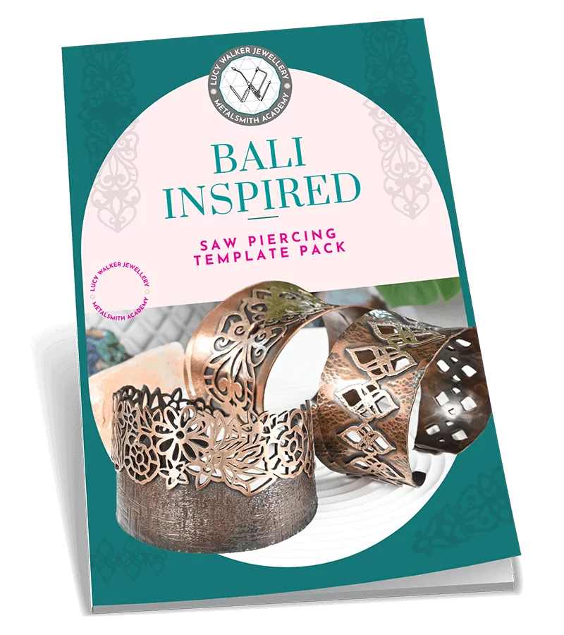 Cover of a template pack titled "Bali Inspired" featuring ornate jewelry designs to make a cuff bracelet