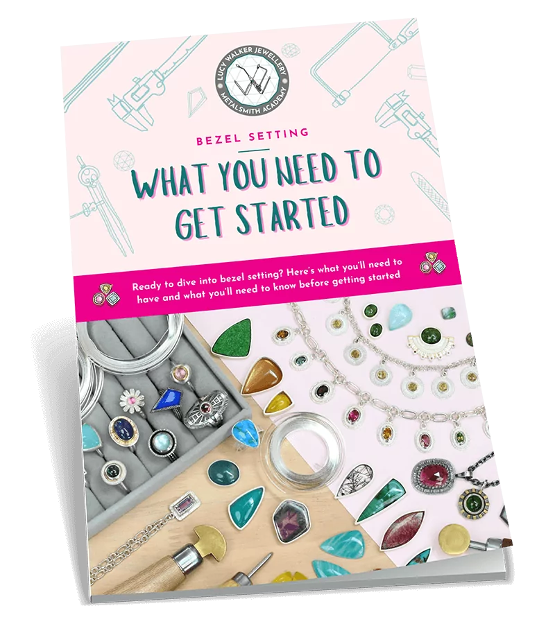 Book cover titled "Bezel Setting: What You Need to Get Started" with gemstone jewelry and tools displayed. From a guide on stone setting tools
