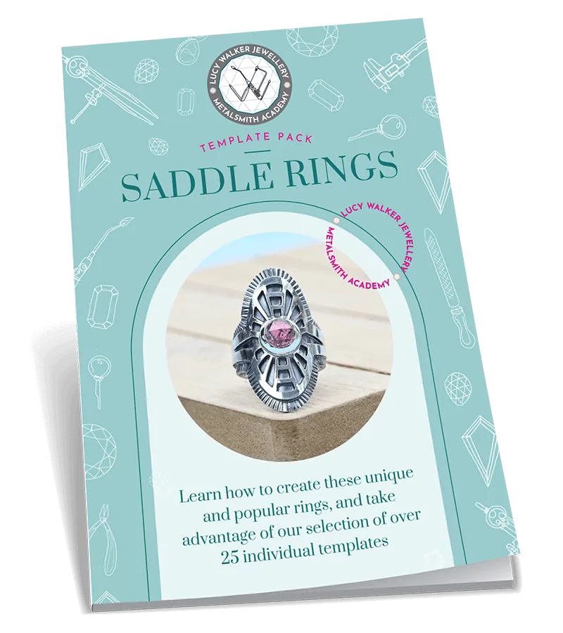 Teal jewelry booklet titled "Saddle Rings" with silver ring image on the cover. A guide on how to make a saddle ring.
