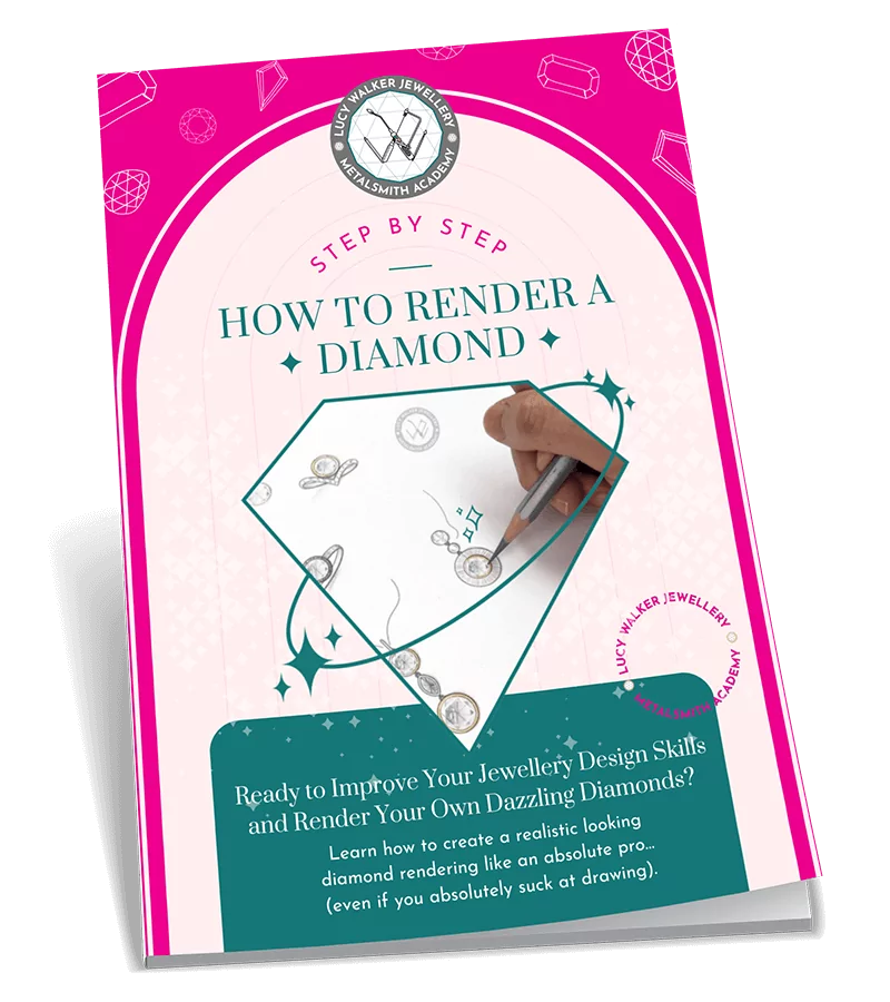 Book cover titled "How to Render a Diamond" shows a hand sketching a diamond, set against a pink background from a tutorial on how to render a diamond