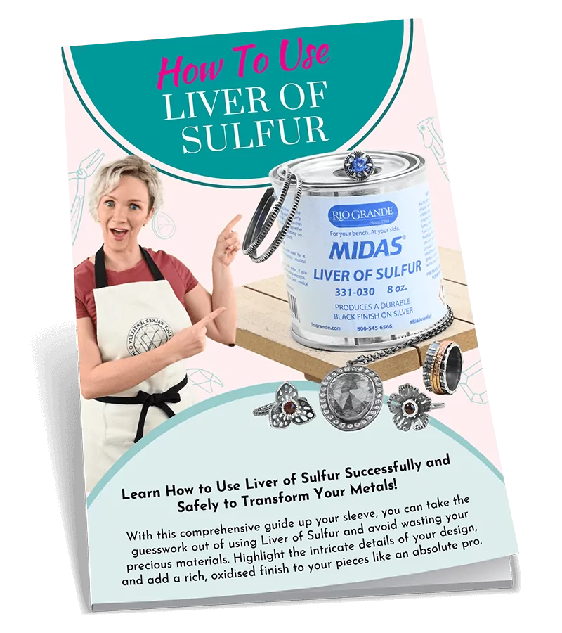Woman pointing to liver of sulfur, with jewelry displayed; Text reads: How to use liver of sulfur.