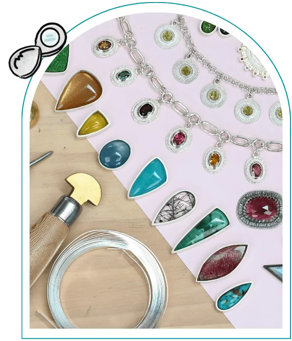 Assorted gemstones, a necklace, jewelry tools, and wire on a wooden surface. From a guide on stone setting tools