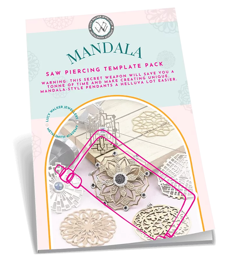 Booklet cover for a Mandala Saw Piercing Template Pack with intricate mandala designs. From a guide on how to use a jewelers saw frame