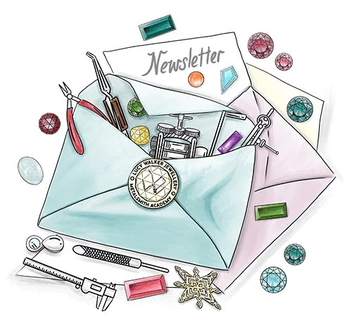 An envelope containing tools, gems, and a newsletter, representing jewelry making and crafting.