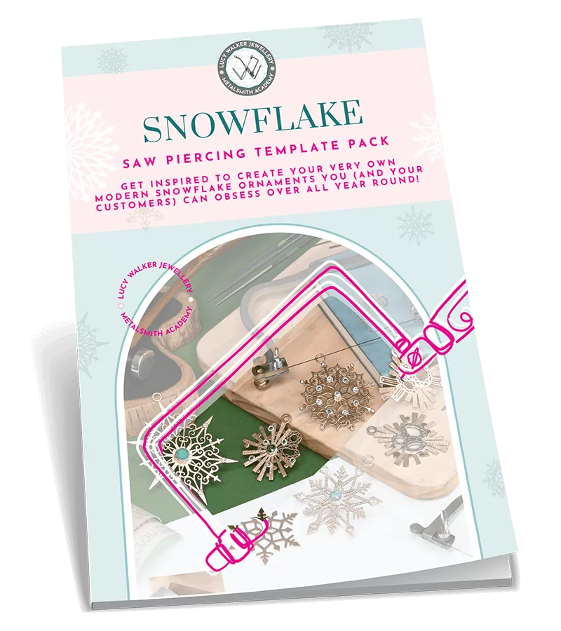 Cover of "Snowflake Saw Piercing Template Pack," showcasing snowflake designs and tools from a free download of snowflake saw piercing projects