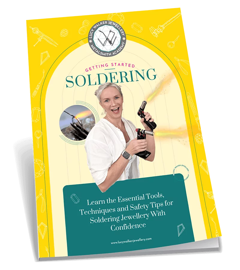 Yellow booklet cover titled "Getting Started Soldering" with a person holding a torch. From a guide on how to solder jewelry.